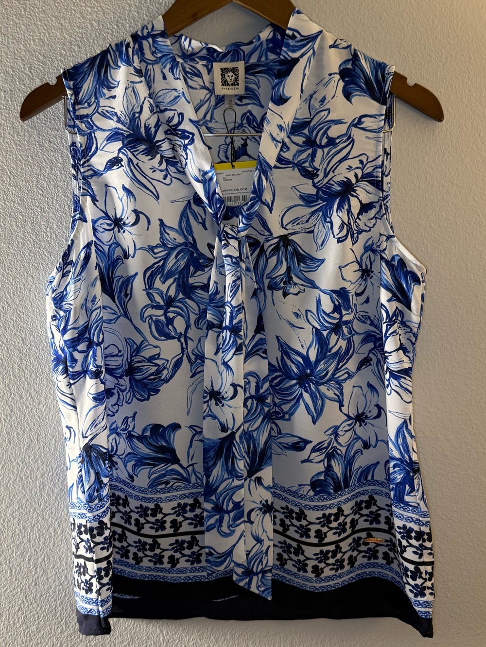 Anne Klein White and Blue Floral Sleeveless Tie-Neck Camisole - Picture 1 of 7